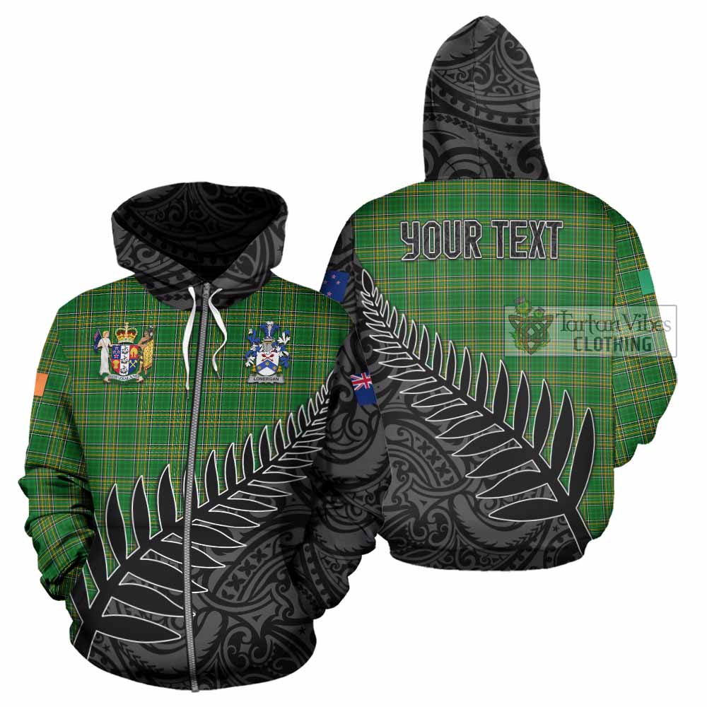 Tartan Vibes Clothing Lonergan Irish Clan Tartan Hoodie with Coat of Arms New Zealand Silver Fern Half Style