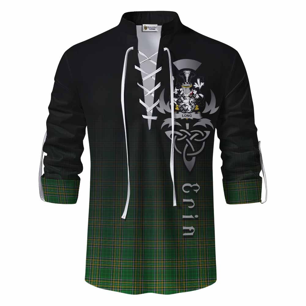 Tartan Vibes Clothing Long Irish Clan Ghillie Kilt Shirt with Coat of Arms Erin Go Bragh Celtic Inspired