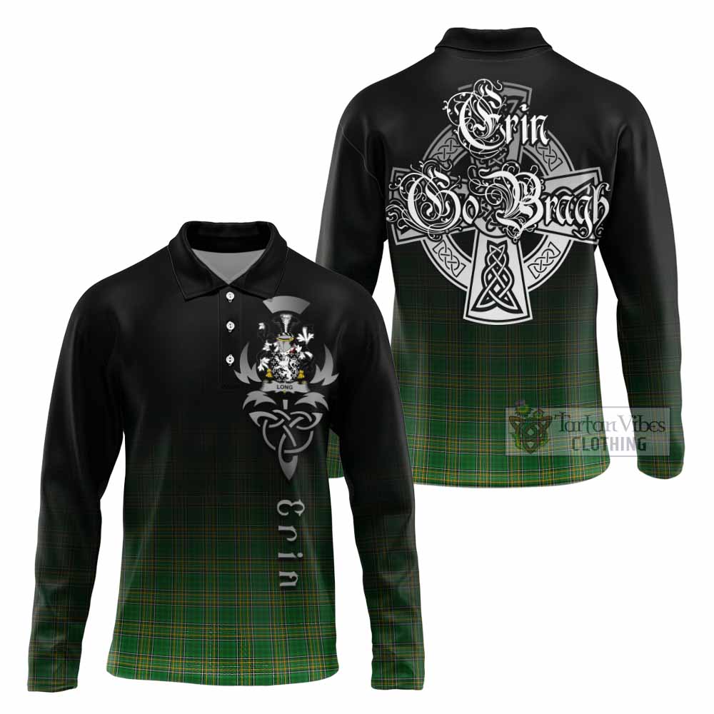 Tartan Vibes Clothing Long Irish Clan Long Sleeve Polo Shirt with Coat of Arms Erin Go Bragh Celtic Inspired