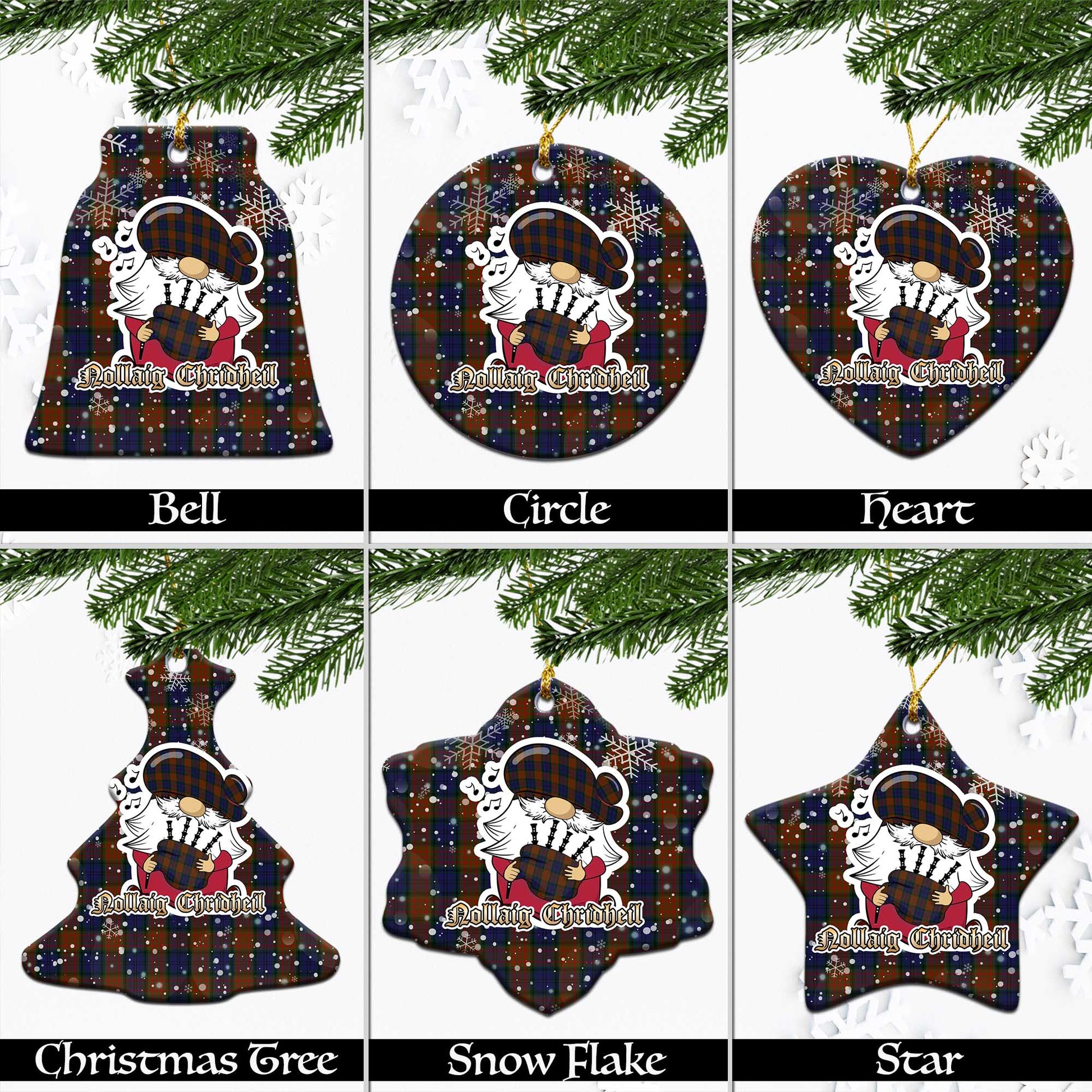Longford County Ireland Tartan Christmas Ornaments with Scottish Gnome Playing Bagpipes Ceramic - Tartanvibesclothing