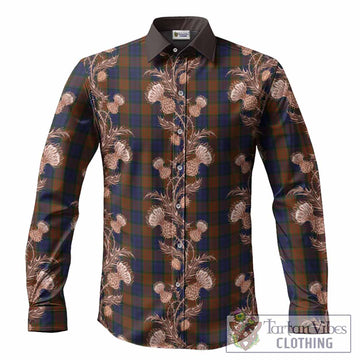 Longford Tartan Long Sleeve Button Shirts Seamless Scottish Thistle Flowers