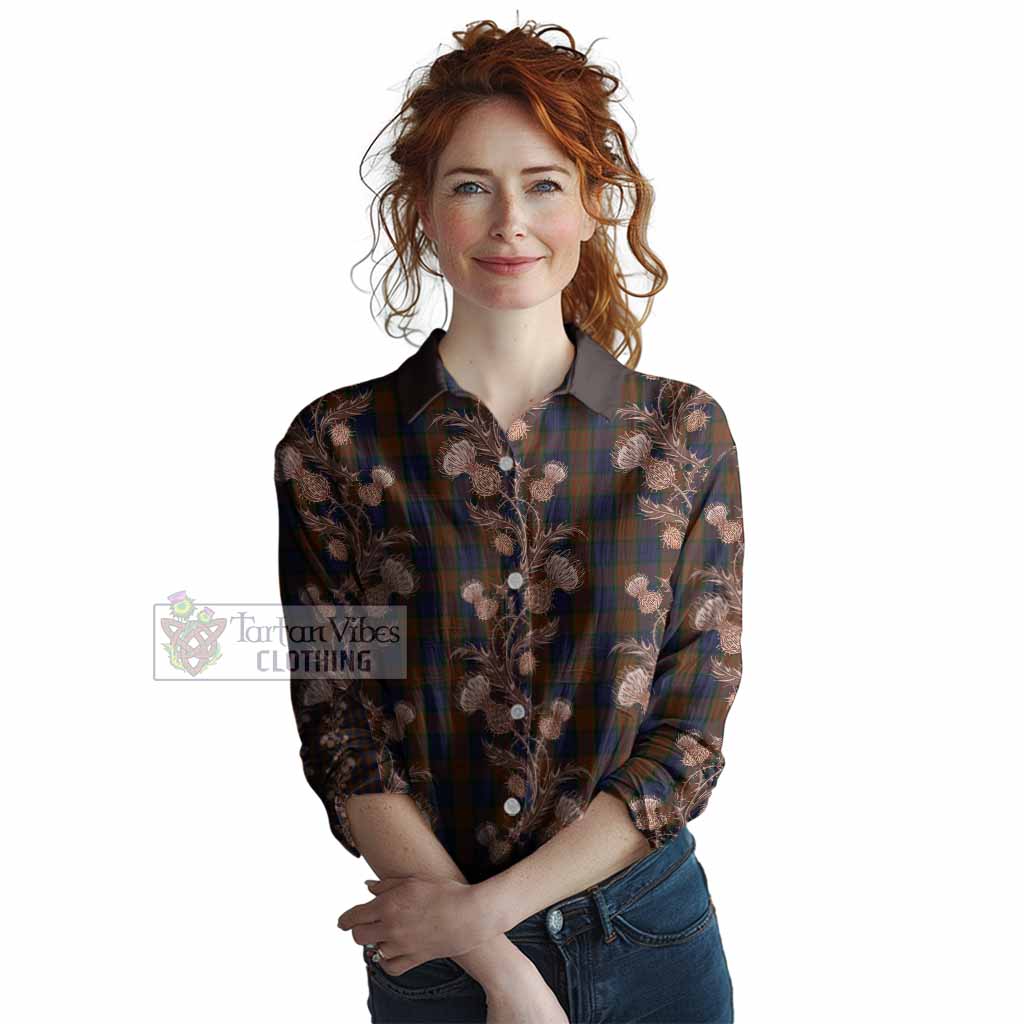Longford Tartan Women Casual Shirt Seamless Scottish Thistle Flowers
