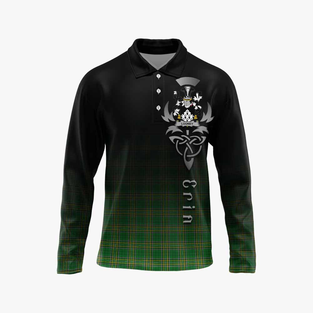Tartan Vibes Clothing Looney Irish Clan Long Sleeve Polo Shirt with Coat of Arms Erin Go Bragh Celtic Inspired