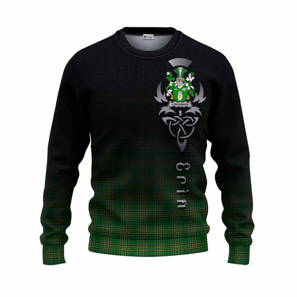 Tartan Vibes Clothing Loughnan Irish Clan Knitted Sweater with Coat of Arms Erin Go Bragh Celtic Inspired