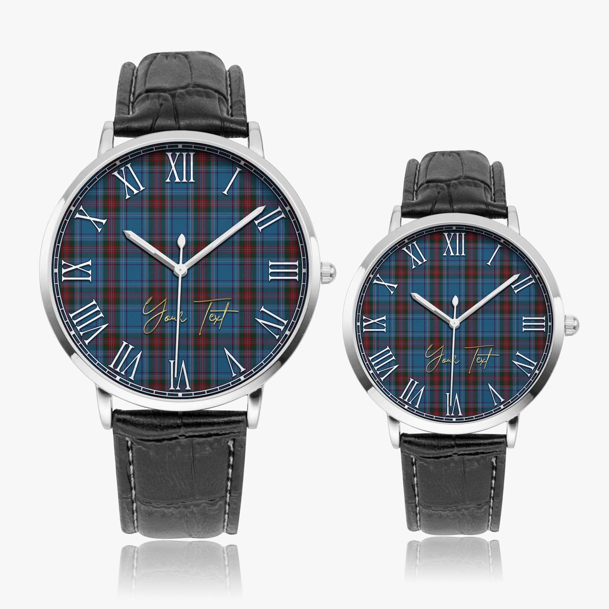 Louth County Ireland Tartan Personalized Your Text Leather Trap Quartz Watch Ultra Thin Silver Case With Black Leather Strap - Tartanvibesclothing