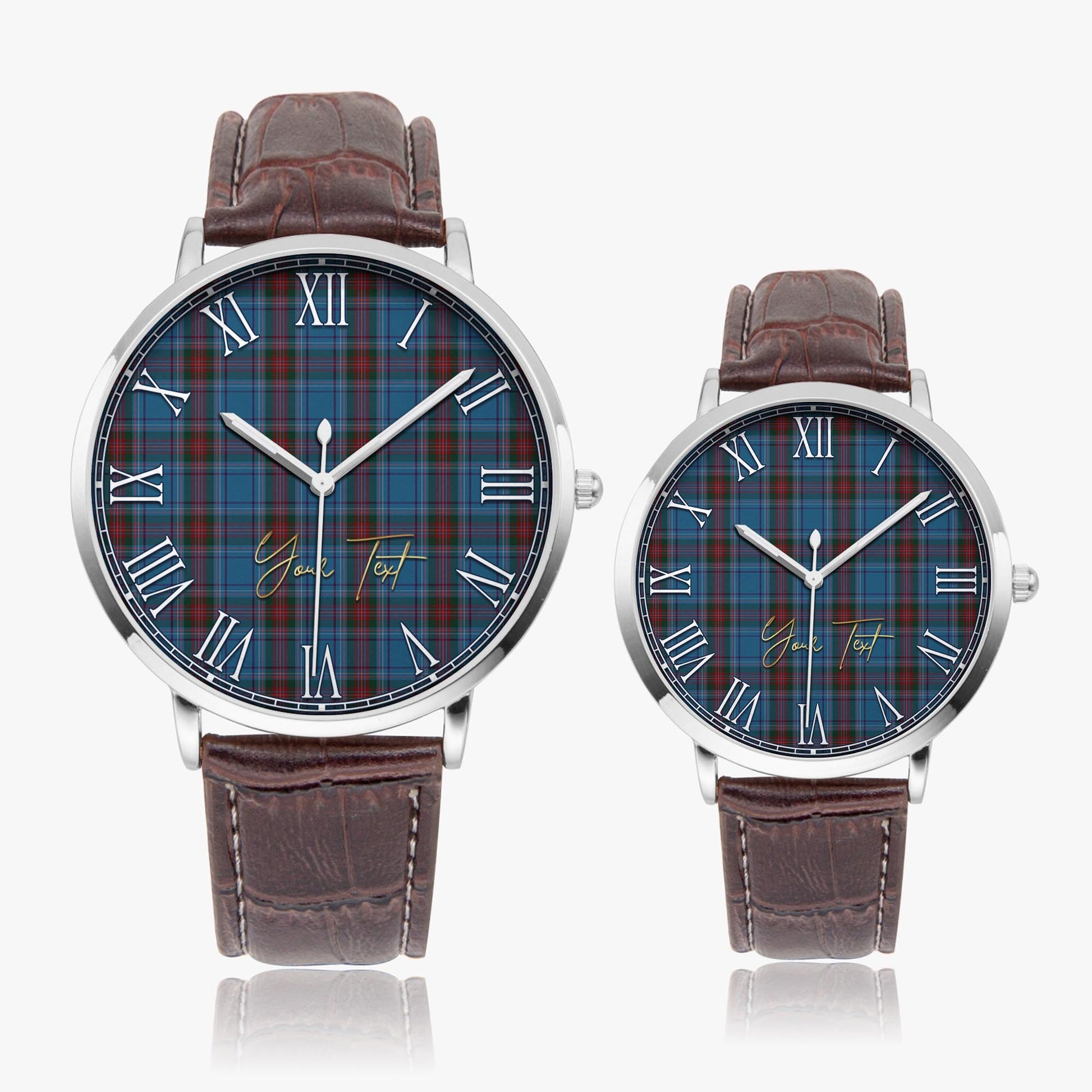 Louth County Ireland Tartan Personalized Your Text Leather Trap Quartz Watch Ultra Thin Silver Case With Brown Leather Strap - Tartanvibesclothing