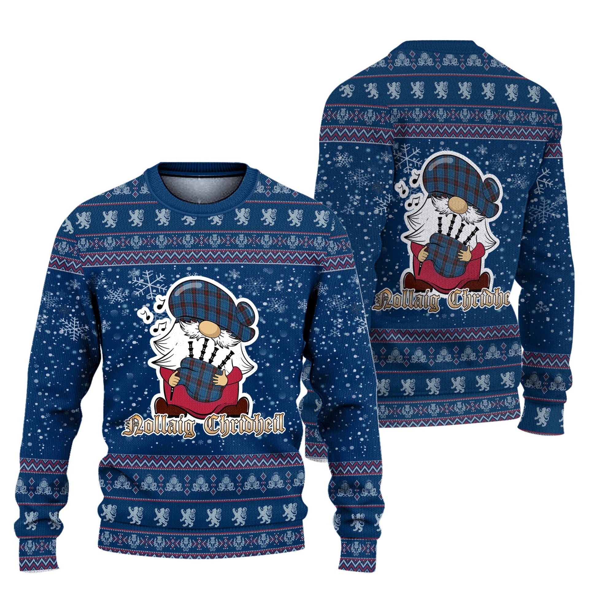 Louth County Ireland Clan Christmas Family Knitted Sweater with Funny Gnome Playing Bagpipes Unisex Blue - Tartanvibesclothing