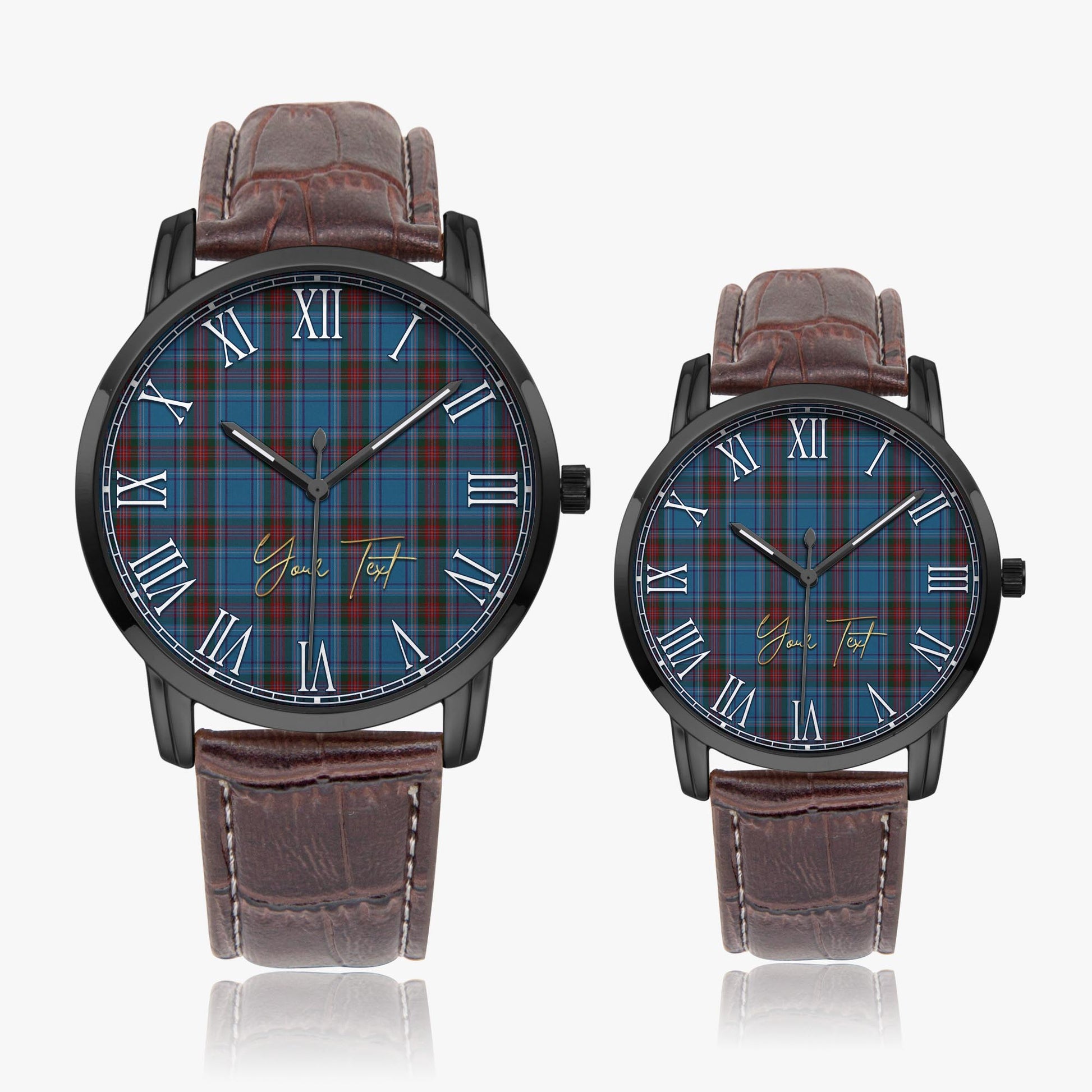 Louth County Ireland Tartan Personalized Your Text Leather Trap Quartz Watch Wide Type Black Case With Brown Leather Strap - Tartanvibesclothing