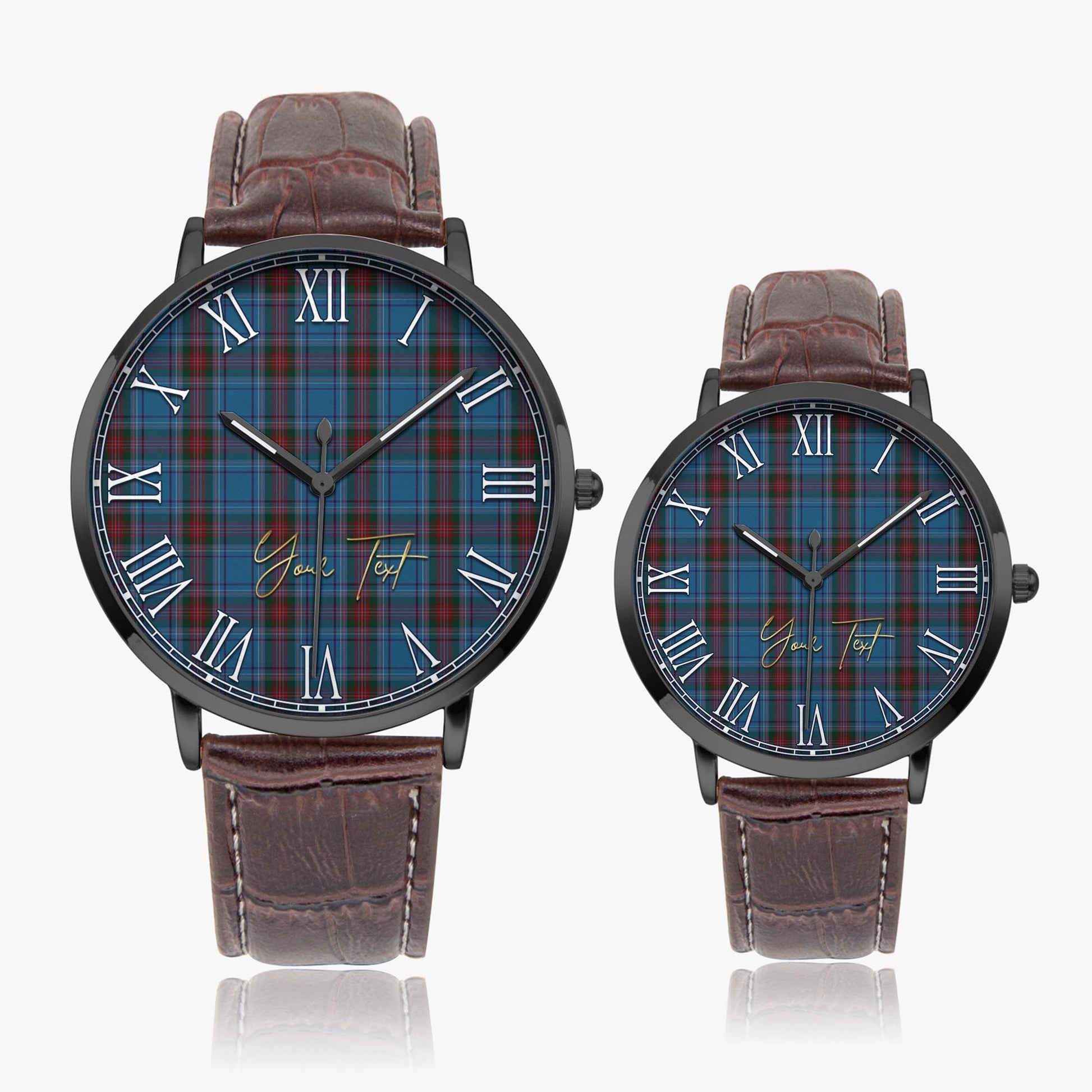 Louth County Ireland Tartan Personalized Your Text Leather Trap Quartz Watch Ultra Thin Black Case With Brown Leather Strap - Tartanvibesclothing