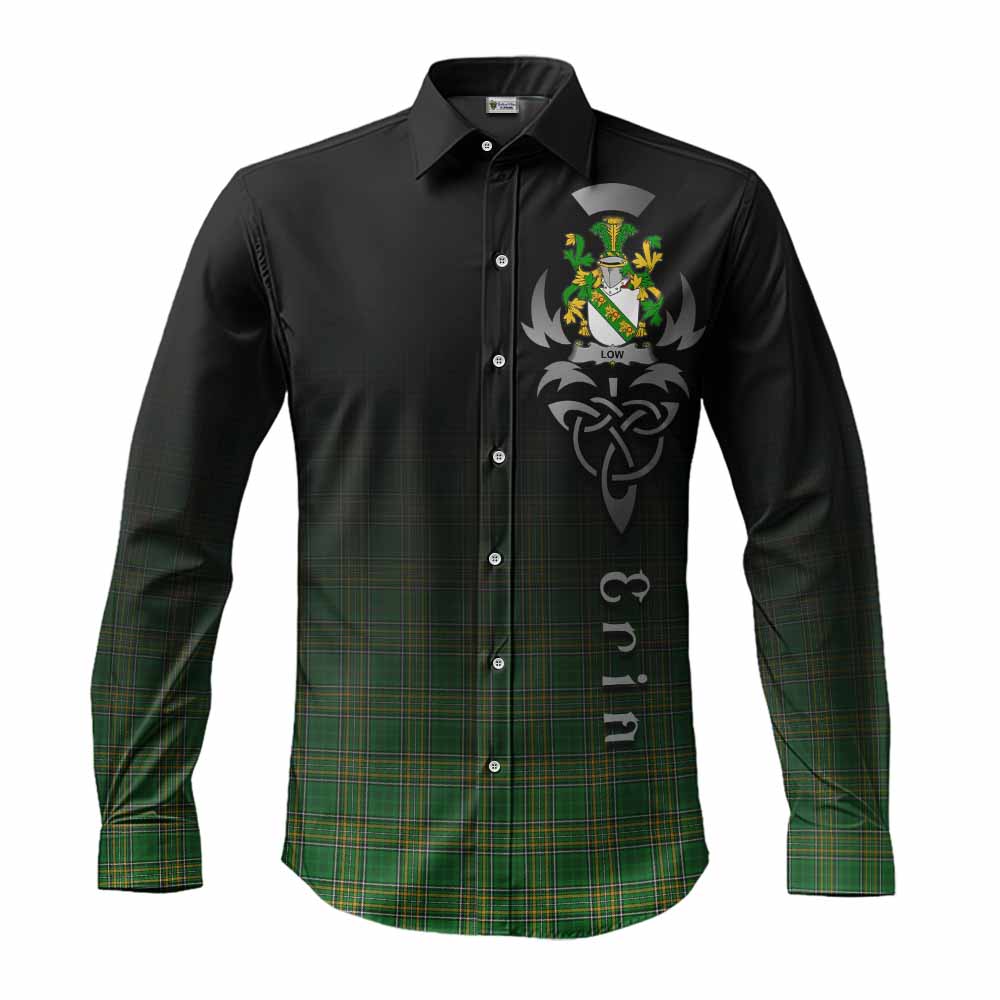 Tartan Vibes Clothing Low Irish Clan Long Sleeve Button Shirt with Coat of Arms Erin Go Bragh Celtic Inspired