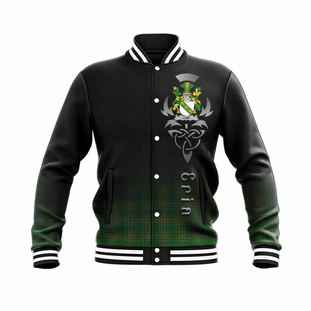 Tartan Vibes Clothing Low Irish Clan Baseball Jacket with Coat of Arms Erin Go Bragh Celtic Inspired