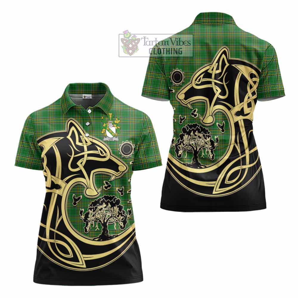 Low Irish Tartan Women's Polo Shirt with Coat of Arms Celtic Wolf Style - Tartan Vibes Clothing