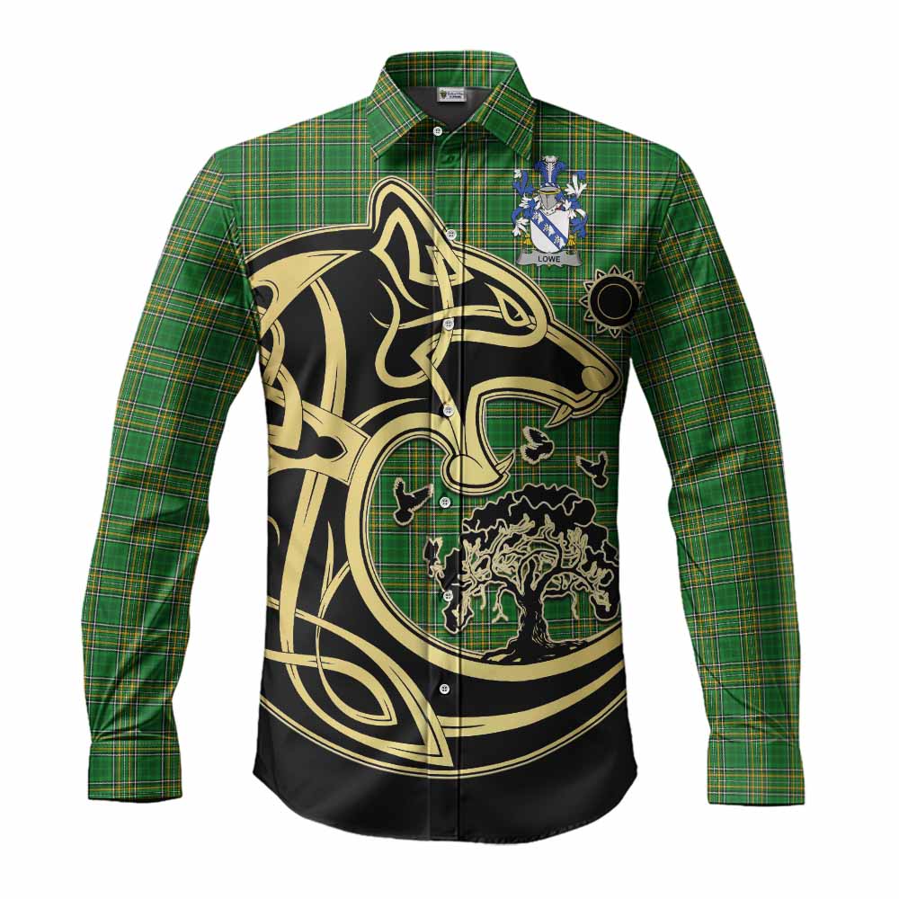 Tartan Vibes Clothing Lowe Irish Tartan Long Sleeve Button Shirt with Coat of Arms Celtic Wolf Style