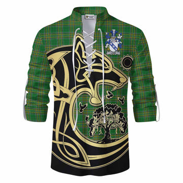 Lowe Irish Tartan Ghillie Kilt Shirt with Coat of Arms Celtic Wolf Style