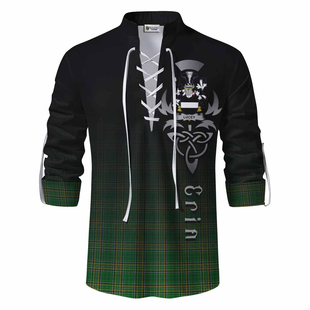 Tartan Vibes Clothing Lucey Irish Clan Ghillie Kilt Shirt with Coat of Arms Erin Go Bragh Celtic Inspired