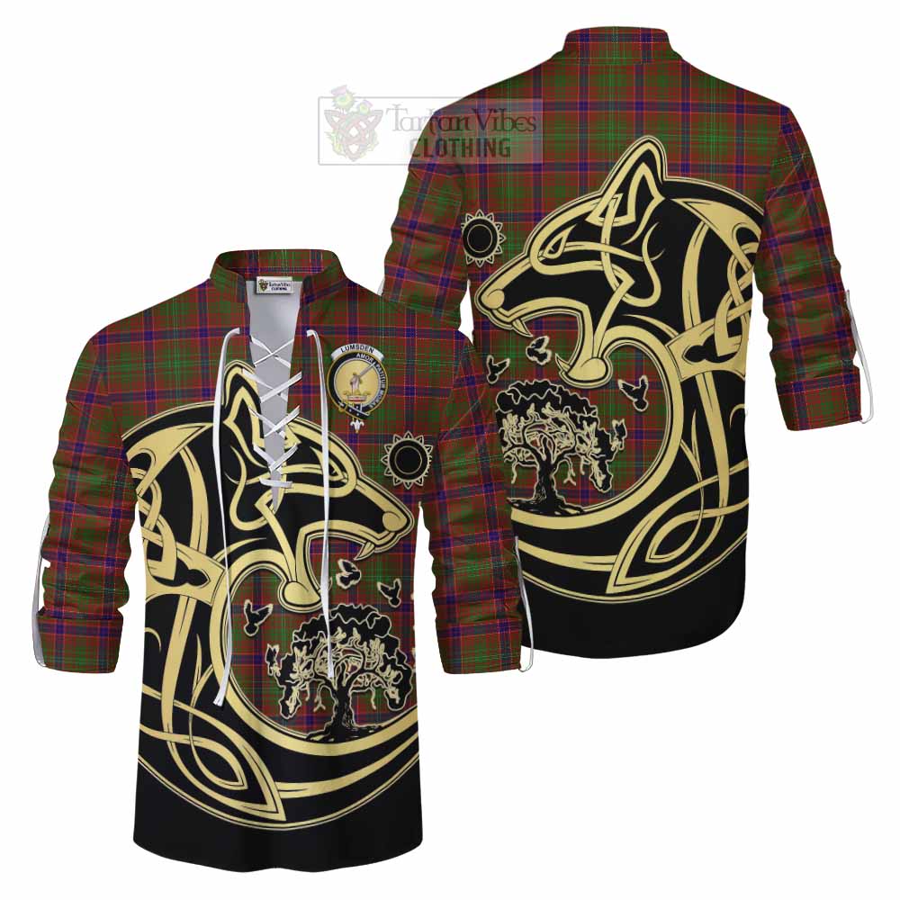 Tartan Vibes Clothing Lumsden Tartan Ghillie Kilt Shirt with Family Crest Celtic Wolf Style