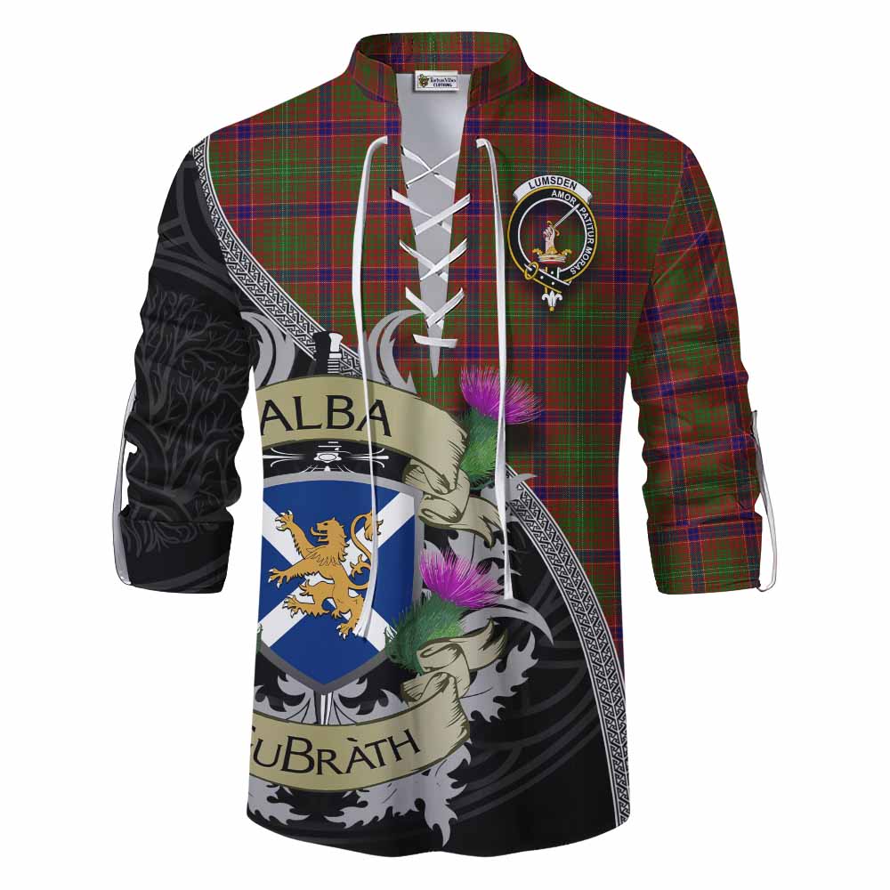 Tartan Vibes Clothing Lumsden Tartan Family Crest Ghillie Kilt Shirt Lion Rampant Royal Thistle Shield Celtic Inspired