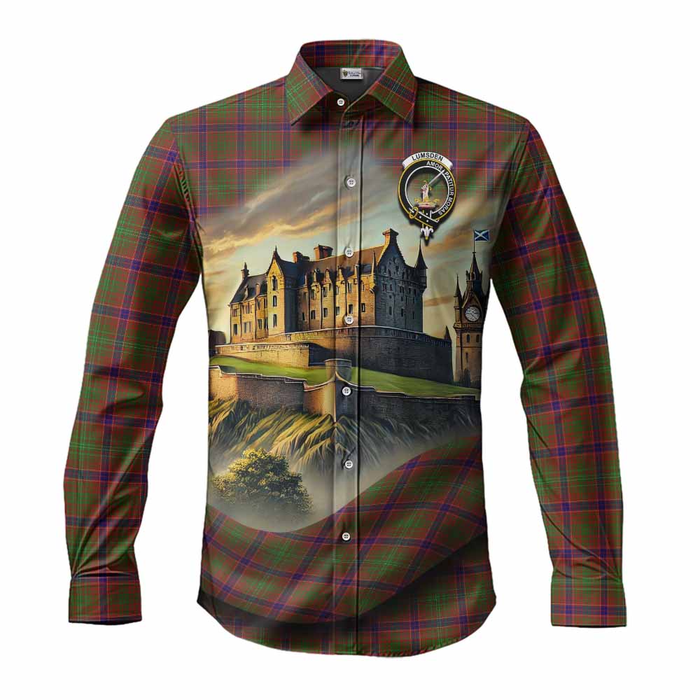 Tartan Vibes Clothing Lumsden Tartan Family Crest Long Sleeve Button Shirt with Scottish Ancient Castle Style