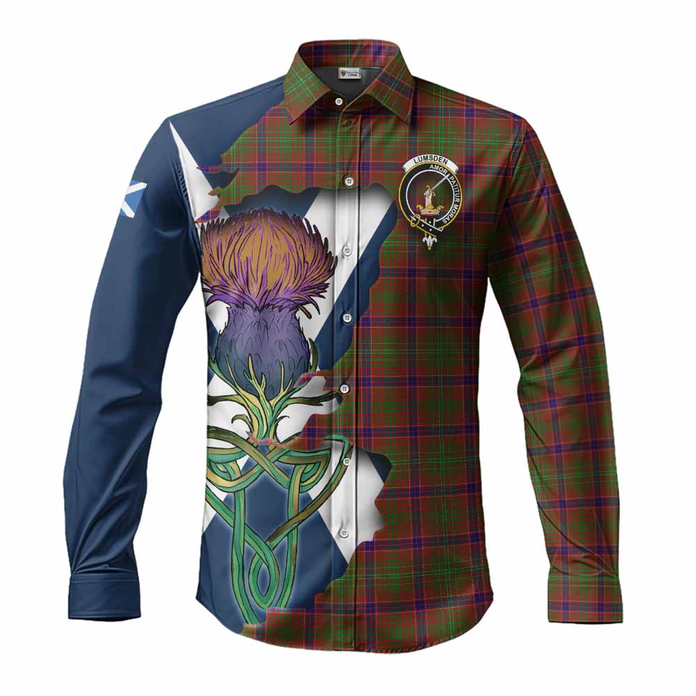 Tartan Vibes Clothing Lumsden Tartan Family Crest Long Sleeve Button Shirt Scottish Thistle Celtic Inspired