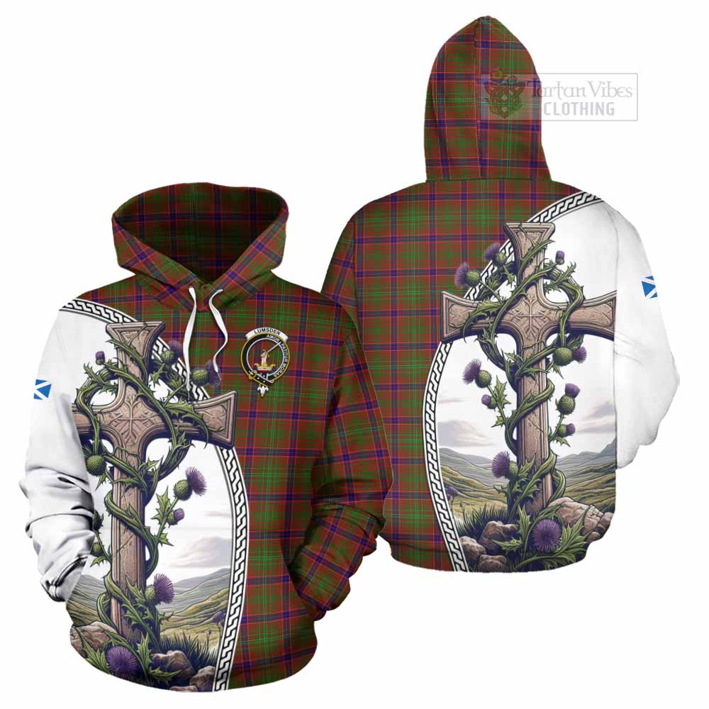 Tartan Vibes Clothing Lumsden Tartan Hoodie with Family Crest and St. Andrew's Cross Accented by Thistle Vines