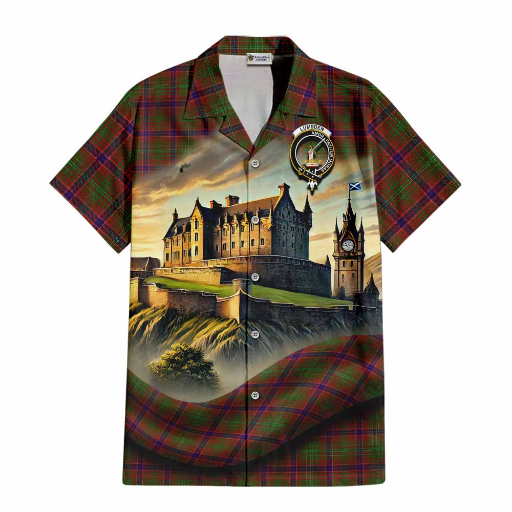 Tartan Vibes Clothing Lumsden Tartan Family Crest Short Sleeve Button Shirt with Scottish Ancient Castle Style