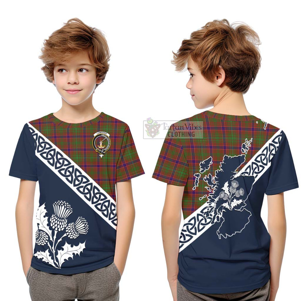 Tartan Vibes Clothing Lumsden Tartan Kid T-Shirt Featuring Thistle and Scotland Map