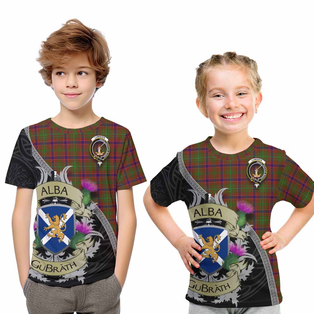 Tartan Vibes Clothing Lumsden Tartan Family Crest Kid T-Shirt Lion Rampant Royal Thistle Shield Celtic Inspired