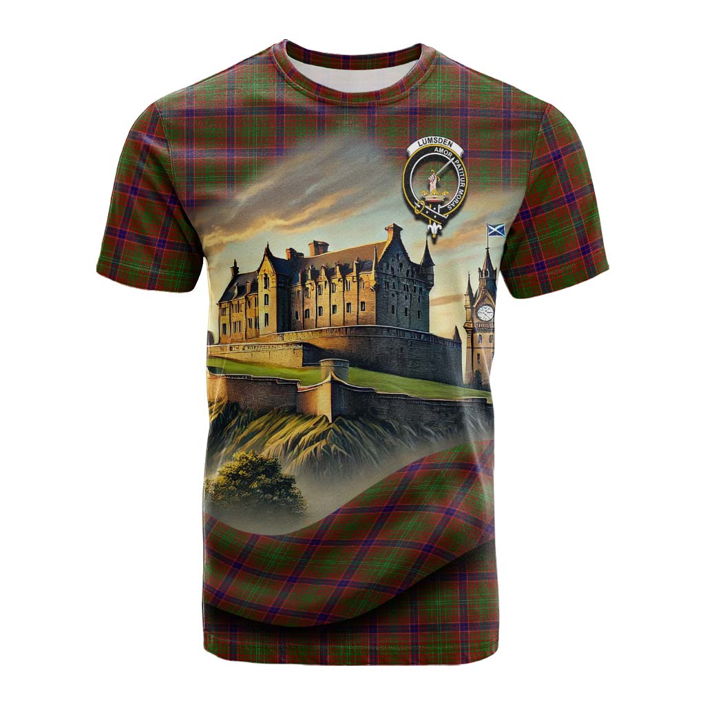 Tartan Vibes Clothing Lumsden Tartan Family Crest Cotton T-shirt with Scottish Ancient Castle Style