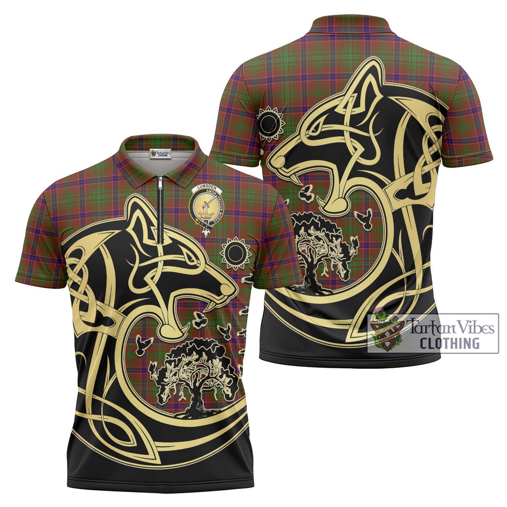 Lumsden Tartan Zipper Polo Shirt with Family Crest Celtic Wolf Style Unisex - Tartanvibesclothing Shop