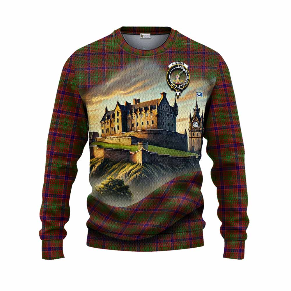 Tartan Vibes Clothing Lumsden Tartan Family Crest Knitted Sweater with Scottish Ancient Castle Style
