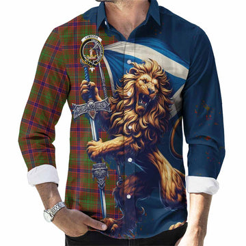 Lumsden Tartan Family Crest Long Sleeve Button Shirt with Scottish Majestic Lion