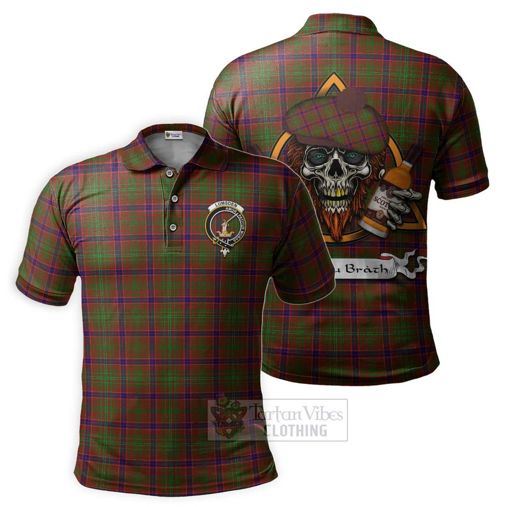Tartan Vibes Clothing Lumsden Tartan Polo Shirt with Family Crest and Bearded Skull Holding Bottles of Whiskey