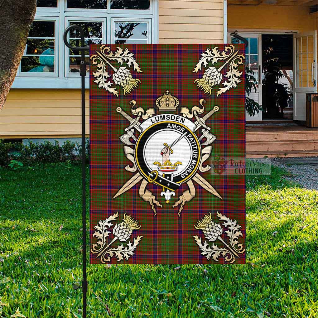 Tartan Vibes Clothing Lumsden Tartan Flag with Family Crest and Golden Thistle Crossed Sword Design
