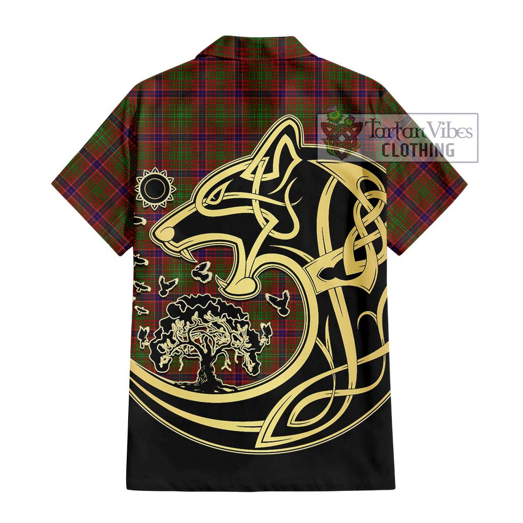 Lumsden Tartan Short Sleeve Button Shirt with Family Crest Celtic Wolf Style - Tartan Vibes Clothing
