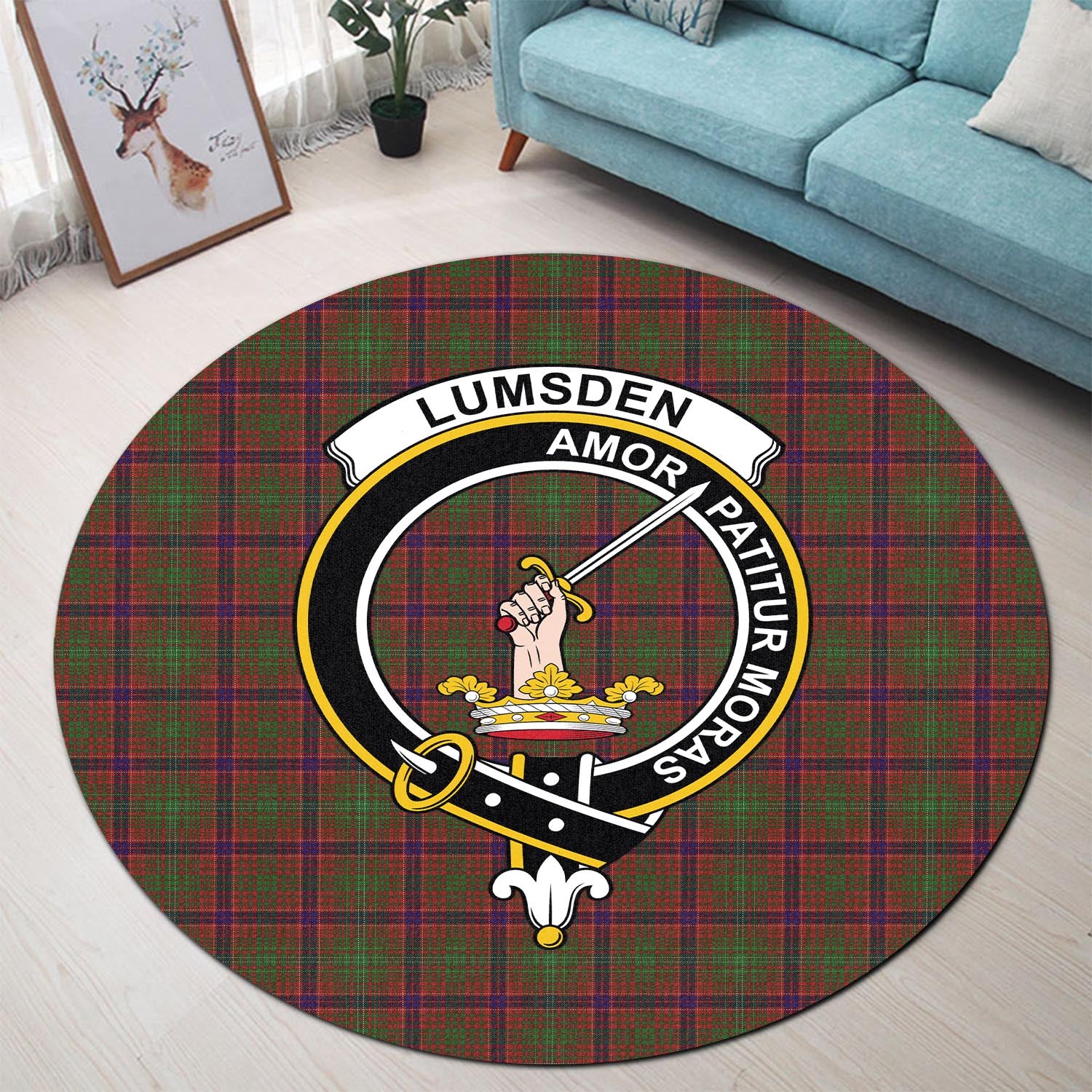 lumsden-tartan-round-rug-with-family-crest