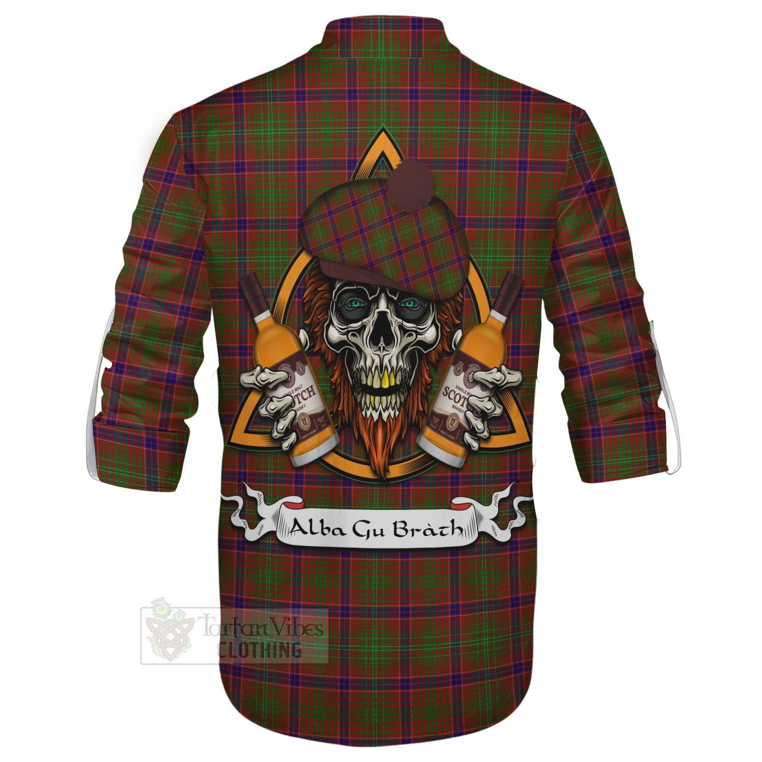 Tartan Vibes Clothing Lumsden Tartan Ghillie Kilt Shirt with Family Crest and Bearded Skull Holding Bottles of Whiskey