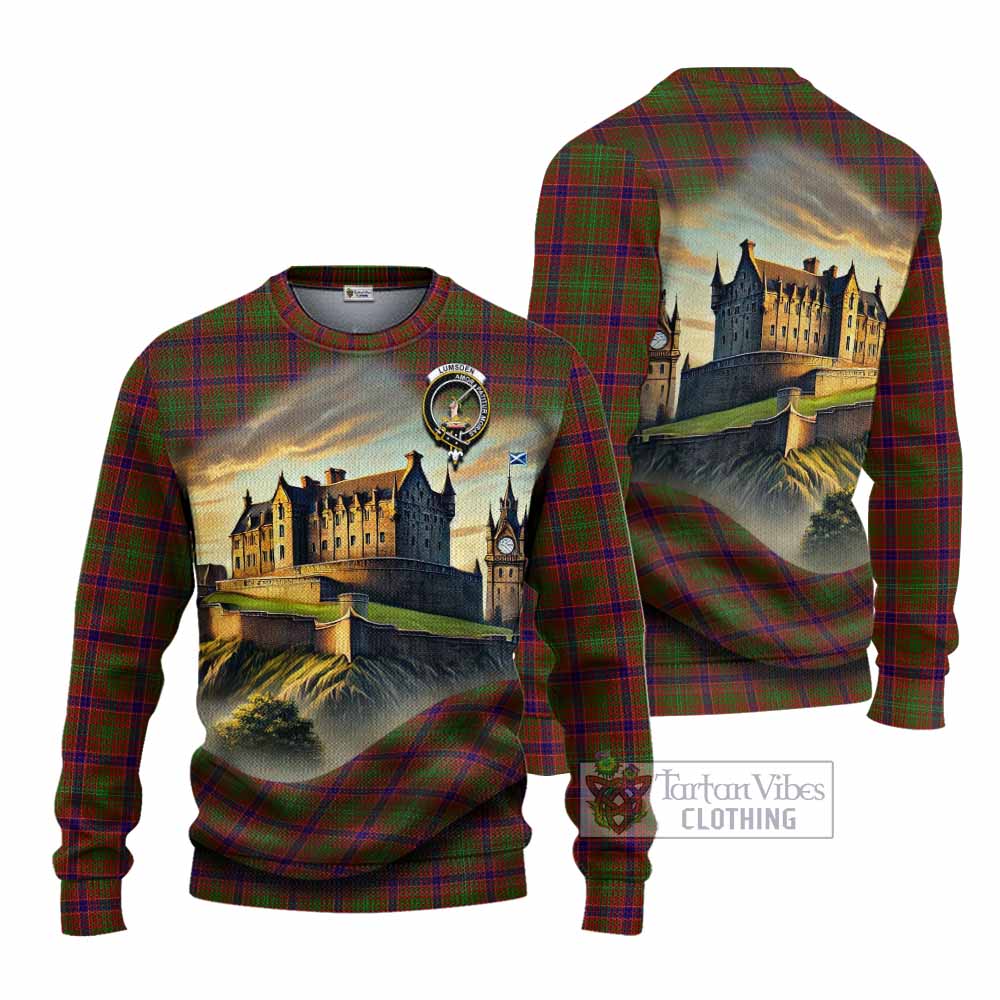 Tartan Vibes Clothing Lumsden Tartan Family Crest Knitted Sweater with Scottish Ancient Castle Style