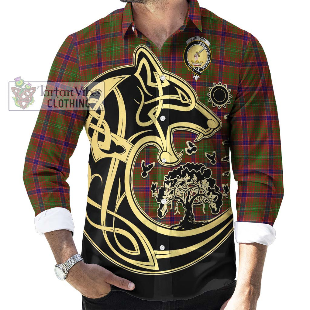 Lumsden Tartan Long Sleeve Button Shirt with Family Crest Celtic Wolf Style - Tartan Vibes Clothing