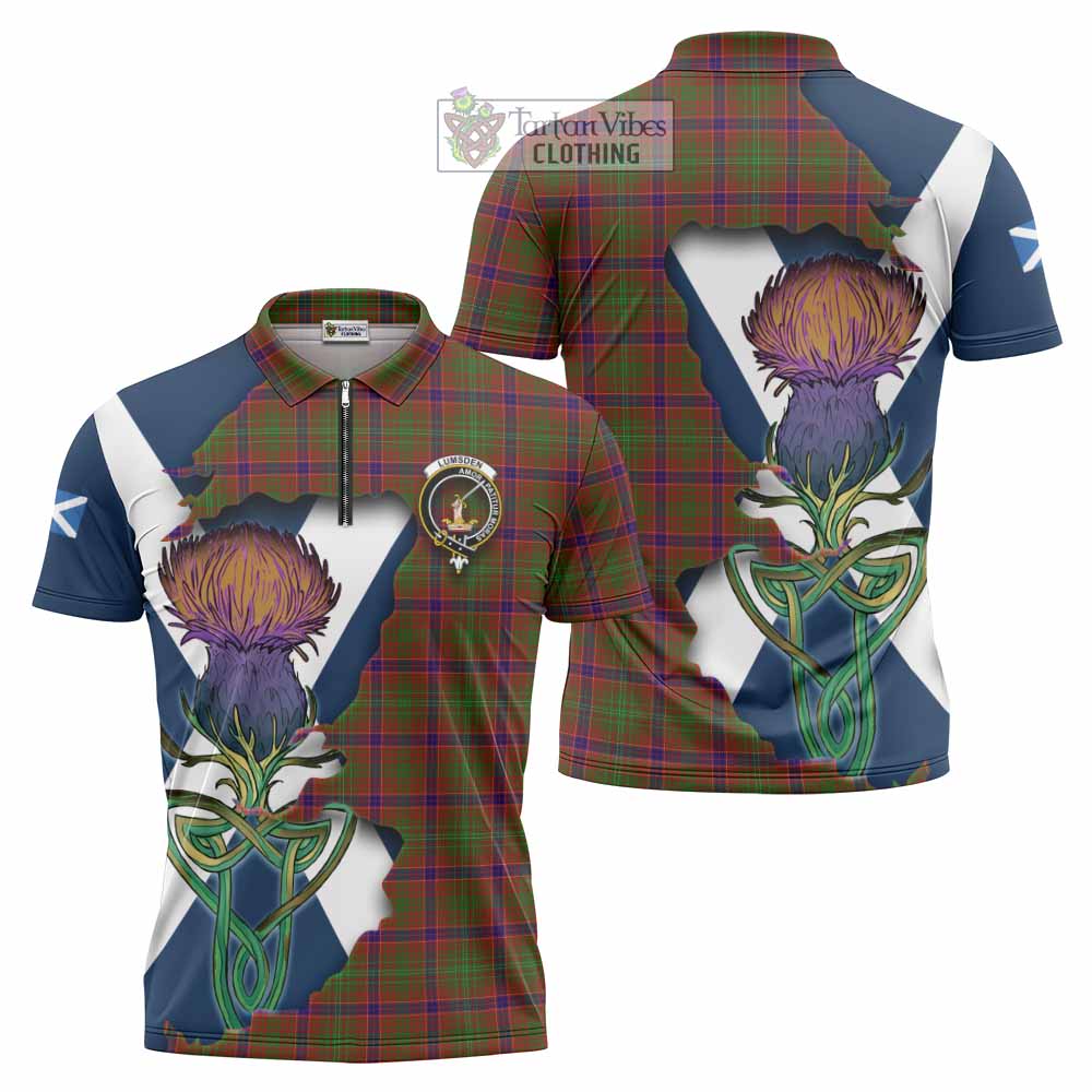Tartan Vibes Clothing Lumsden Tartan Family Crest Zipper Polo Shirt Scottish Thistle Celtic Inspired