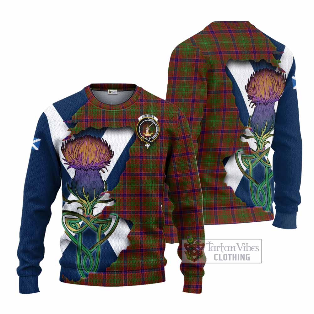 Tartan Vibes Clothing Lumsden Tartan Family Crest Knitted Sweater Scottish Thistle Celtic Inspired