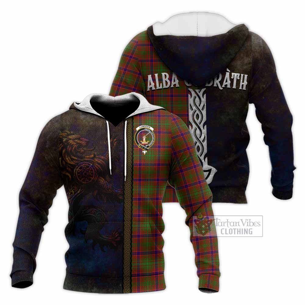 Tartan Vibes Clothing Lumsden Tartan Family Crest Knitted Hoodie Alba Gu Brath Be Brave Lion Ancient Style