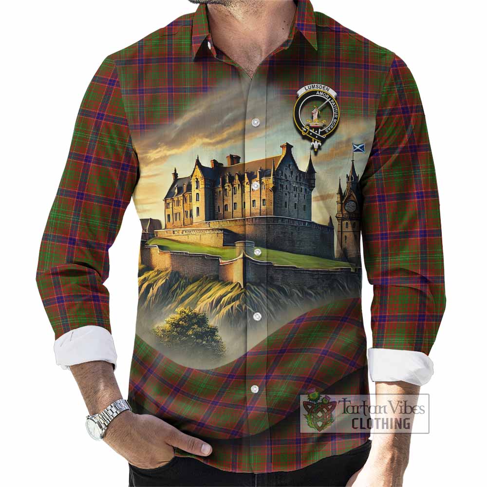Tartan Vibes Clothing Lumsden Tartan Family Crest Long Sleeve Button Shirt with Scottish Ancient Castle Style