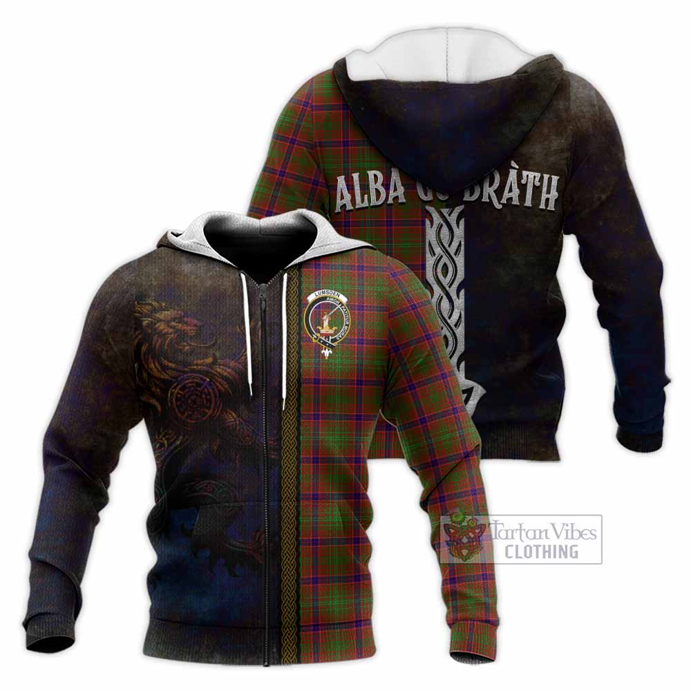Tartan Vibes Clothing Lumsden Tartan Family Crest Knitted Hoodie Alba Gu Brath Be Brave Lion Ancient Style