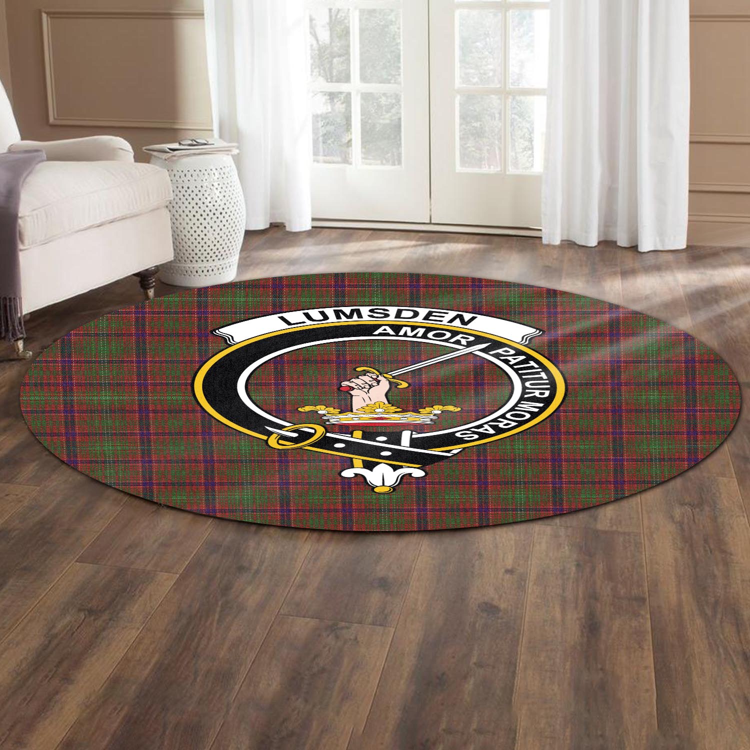 lumsden-tartan-round-rug-with-family-crest