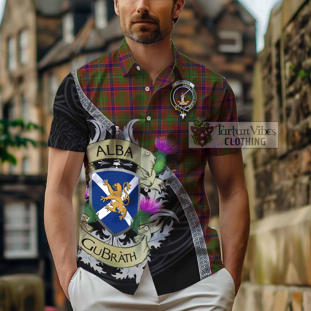 Tartan Vibes Clothing Lumsden Tartan Family Crest Short Sleeve Button Shirt Lion Rampant Royal Thistle Shield Celtic Inspired