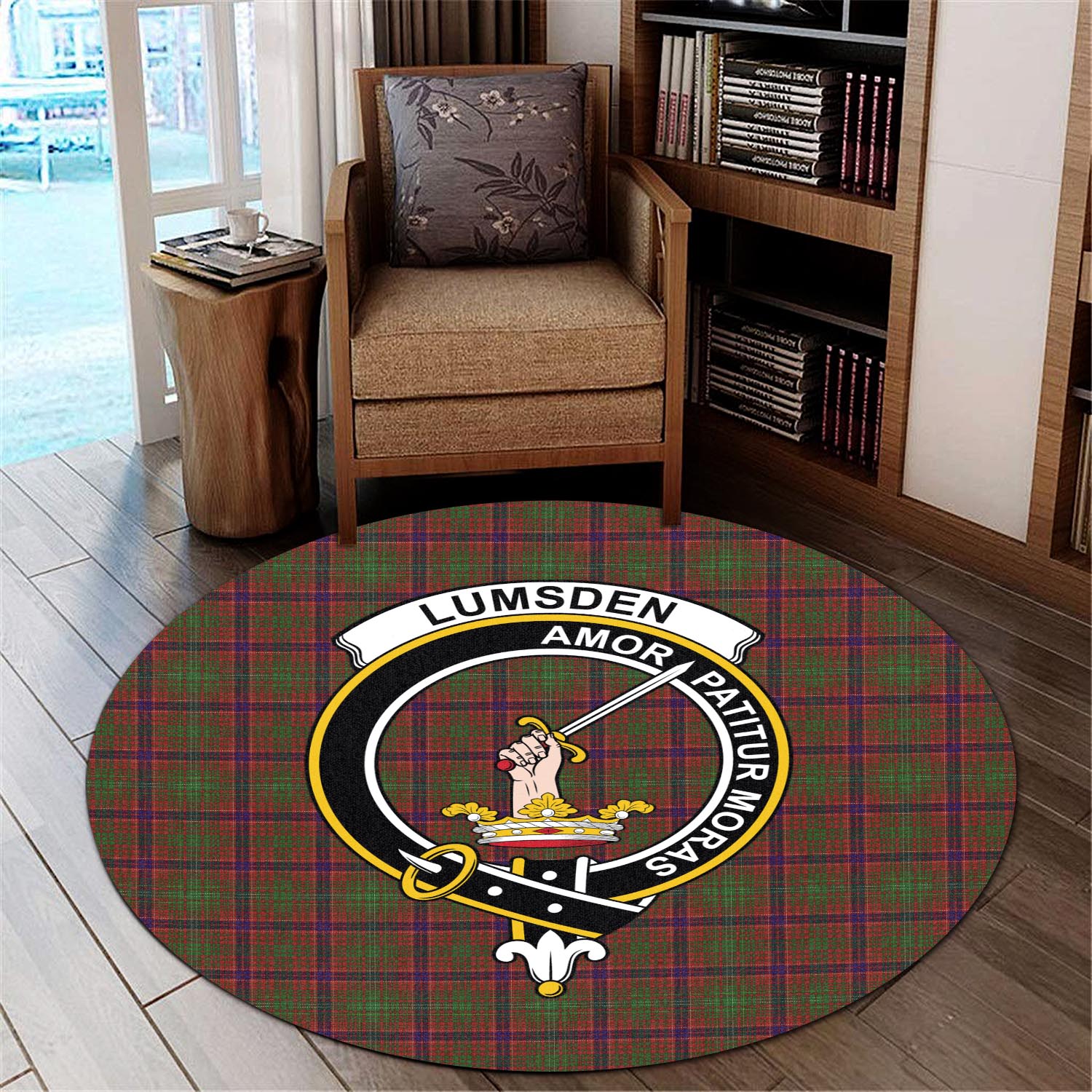 lumsden-tartan-round-rug-with-family-crest