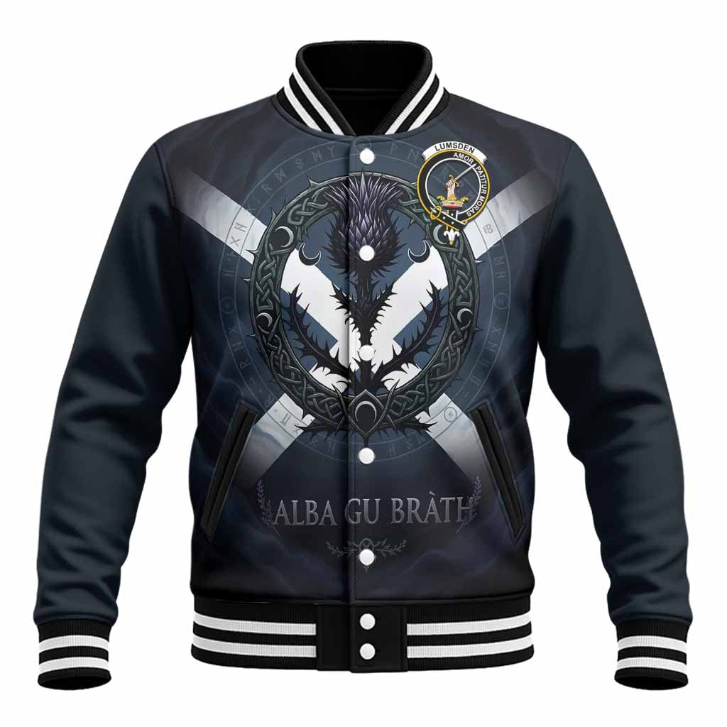Lumsden Clan Crest Baseball Jacket with Celtic Knot Thistle and Saltire