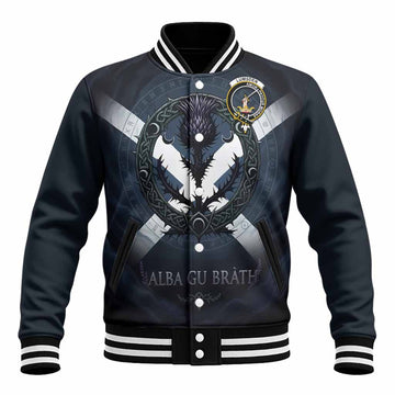 Lumsden Clan Crest Baseball Jacket with Celtic Knot Thistle and Saltire