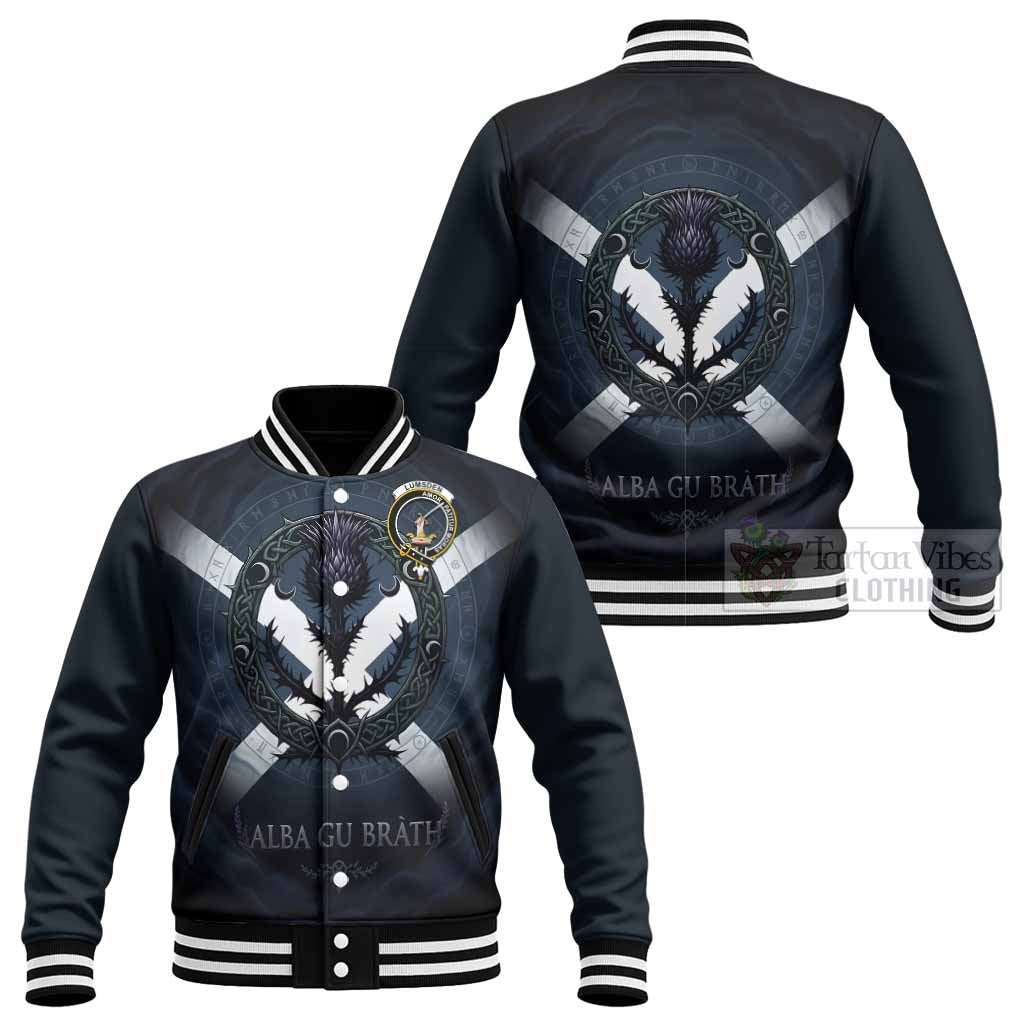 Lumsden Clan Crest Baseball Jacket with Celtic Knot Thistle and Saltire