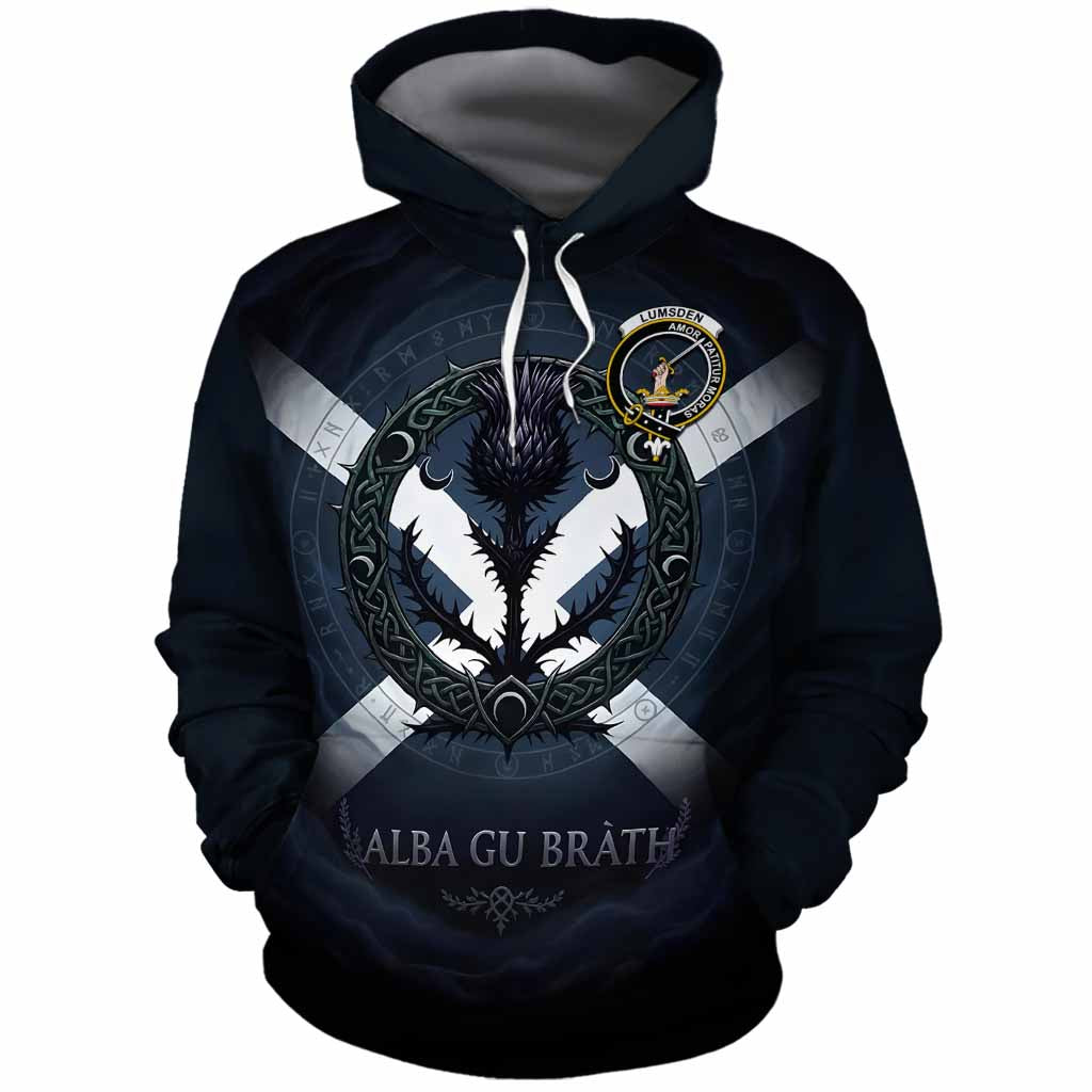 Lumsden Clan Crest Cotton Hoodie with Celtic Knot Thistle and Saltire